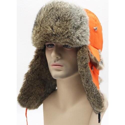 IANLAN Unisex Winter Russian Style Ushanka Fabric Top Real Rabbit Fur Skiing Hats Men Women Adjustable Fur Bomber Hats IL00424