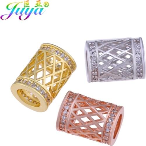 Juay DIY Gold/Rose Gold Micro Pave Cubic Zirconia Hollow Metal Tube Beads For Natural Stones Beadwork Jewelry Making
