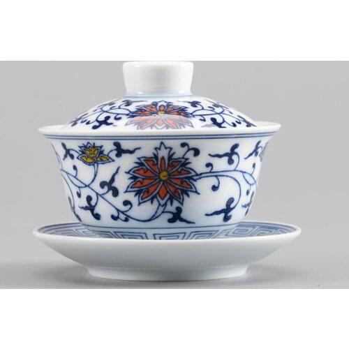 "King Tea Mall " Blue and White Porcelain Twining Lotus Gaiwan for Chinese Tea Gongfu Chadao, Teawares, Teasets,Teatools,Gifts
