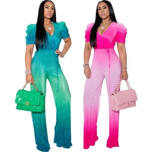 2021 Summer Womens Spring and Autumn New Fashion Gradient Color Princess Puff Sleeve Wide-Leg Jumpsuit with Lace-Up Womens