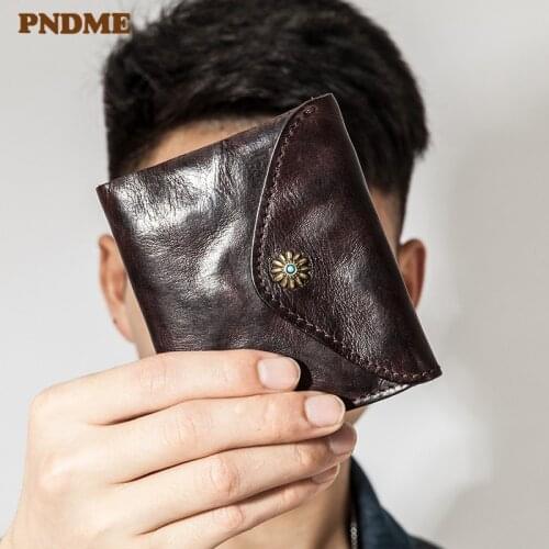 Fashion vintage design folding genuine eather mens short wallet luxury natural first layer cowhide womens thin coin purse