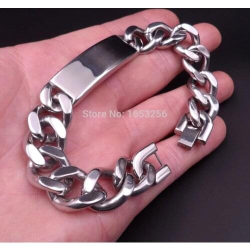 Granny Chic 15mm 9inch Silver 316L Stainless Steel ID Bracelet Curb Cuban Link Chain Punk Hip Hop Biker Mens Bangle Jewelry