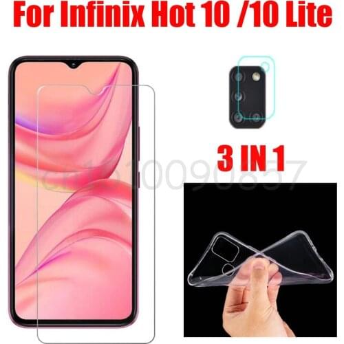 3-in-1 Soft Case + Camera Tempered Glass On For Infinix Hot 10 Lite X657 ScreenProtector Glass For Infinix Hot 10 2.5D Glass