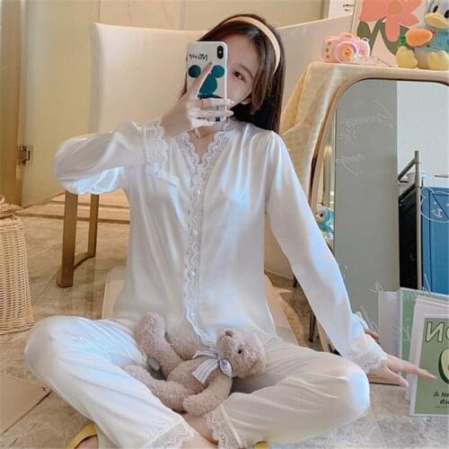 Autumn Korean style pajamas long sleeve sexy V-neck cardigan lace bathrobe women loose casual home service suit seksi gecelik