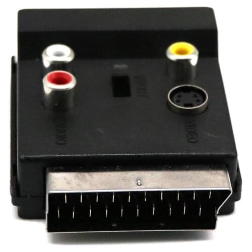 Switchable SCART Adaptor Plug to Socket with S-Video + 3 RCA Features Sockets For Input Or Output Of Audio/Video Signals Black
