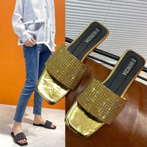 Women Fashion Casual Sandals And Slippers With Sequined Square Head And Flat Bottom Ladies One-Word Simple Slides Female Shoes