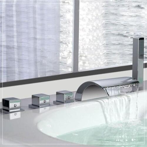 Waterfall Bathtub Faucets 5 Pcs Spout Tub Sink Mixer Taps Chrome Finish Brass Bathroom Hot and Cold Water Faucet with Handshower