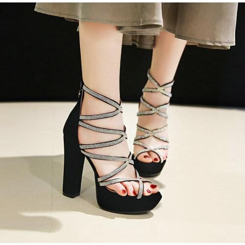 ZawsThia Glitter Bling Party Wedding 12cm Super Thick High Heels Sexy Platform Lady Pumps Cross-strap Women Gladiator Sandals