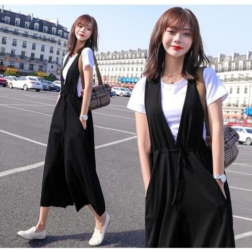 2020 Summer Two Piece Set Women Solid Lounge Wear Short Sleeve T Shirts + Fashon Korean Style Strap Wide Leg Pants Suit S117