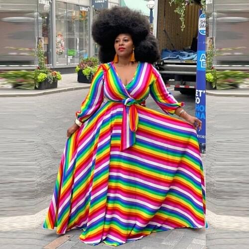 ZJFZML ZZ Women Clothing Dress Plus Size Rainbow Striped Print Long Sleeve V-neck Fit and Flare Dresses Dropshipping Wholesale