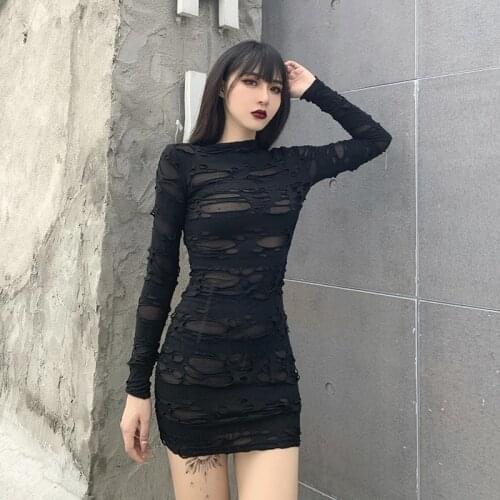 Lady O Neck Long Sleeve Vintage Transparent Sexy Empire Mini Worn Dresses Cool Gothic Women Broken Hipster Dress 2020 Autumn