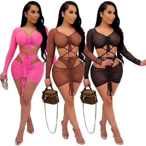 Baldauren Sexy Sheer Mesh Two Piece Set Skirt Dress Full Sleeve Sheer Mesh Party Night Clubwear Summer Clothes For Women Outfit