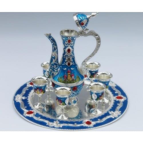 Free shipping silver and blue color metal wine set/tea set, fashion zinc alloy wine set, 1 set= 1 plate+ 1 pot +6 cups