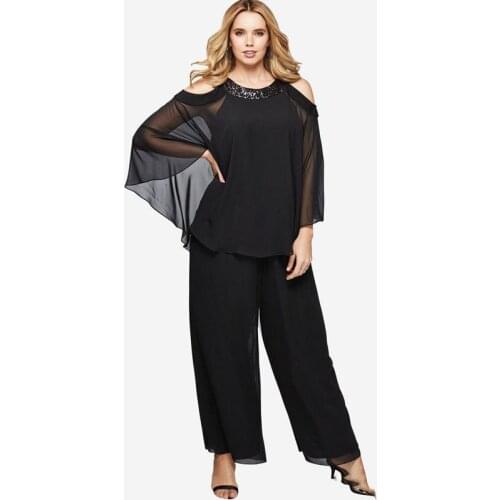 Black Two Pieces Mother Of The Bride Pant Suits Custom Made Sequined Plus Size Cheap Long Sleeves Wedding Guest Dress