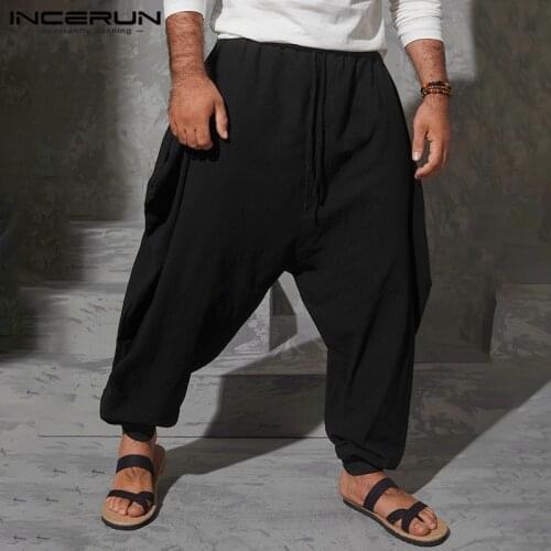 INCERUN Men Casual Pants Solid Color Harem Pants Man Drawstring Drop Crotch Trousers Loose Cotton Baggy Pantalon Streetwear 5XL