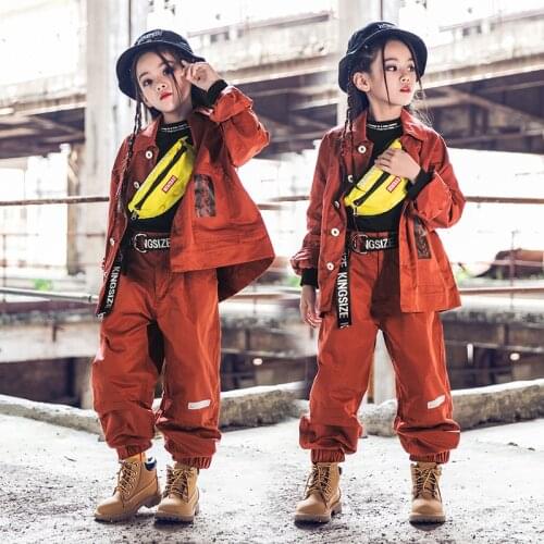Children Hip Hop Costumes Long Sleeve Set Girls Loose Overalls Coat Pants Fall Modern Jazz Show Clothing Rave Stage Wear BL5046