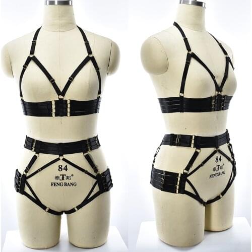 Women Body Harness Bra Sexy Lingerie Set Black Body Cage Pastel Goth High Waist Leg Garter G-string Bondage Harness Set