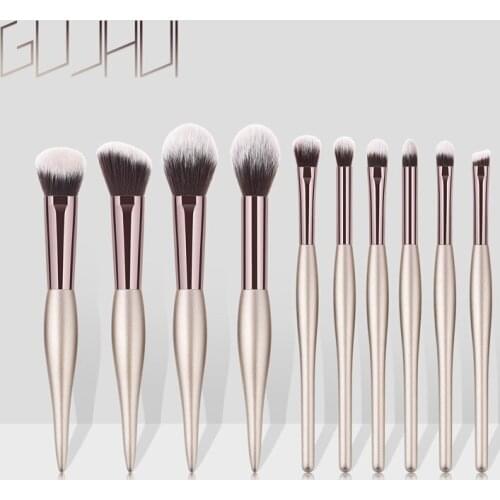 GUJHUI 10Pcs/Set pregnant Shape Wooden Handle Makeup Brush Set Nylon Champagne Color Brush Eyeshadow Powder Blush Brush Pincel