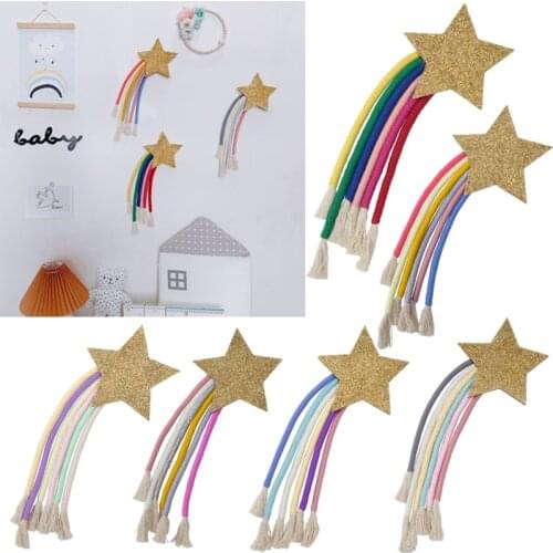 OOTDTY INS Nordic Hand-woven Macrame Lucky Star Rainbow Tapestry Christmas Wall Hanging Decor Nursery Decor Baby Girl Room Decor