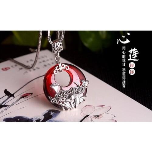 Pure silver, pomegranate necklace, agate, jade pulp, national wind lotus flower sweater chain