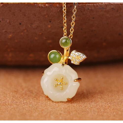NewSilver Natural Hetian Jade Flower Diamond Pendant Necklace Chinese Retro Cute Little Fresh Fairy Romantic Women Brand Jewelry