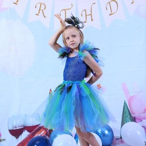 Princess Peacock Costume Girls Tutu Dress with Hairclip Kids Wedding Bridesmaid Tulle Dress Ball Gown Carnival Halloween Costume