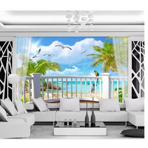 Custom photo wallpaper for walls 3 d Seaside landscape mural tree blue sky white clouds mediterranean balcony background wall