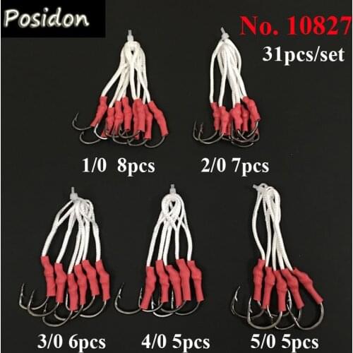 Posidon 31pcs/Set 10827 1/0 2/0 3/0 4/0 5/0 Stainless Steel Jig Assist Fish Hooks Jigging Assist Bait Fishing Hook With Tube