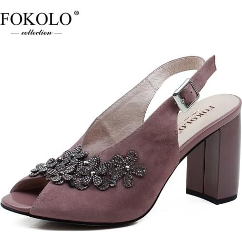 FOKOLO Sandals for Women Round Toe Kid Suede Square Heel High Heels Sandals Summer New Casual Genuine Leather Ladies Shoes L31