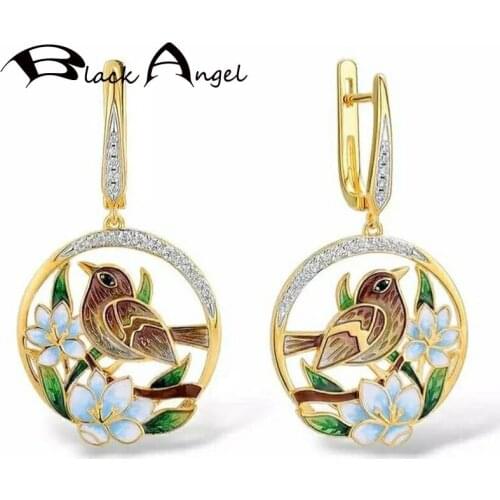 BLACK ANGEL 2020 Enamel Cute Bird Sparrow Flowers Clip Earrings for Women 14K Gold Round Wedding Insect Jewelry Christmas Gift
