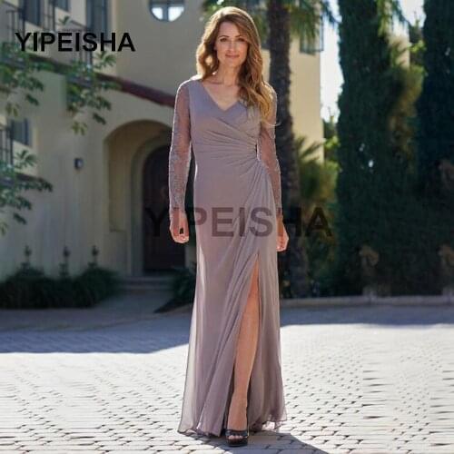 2021 Gorgeous V-Nevk A-Line Bride Mothers Dress Long Sleeves Lace Appliques Front Split Wedding Prom Party Gown robes de soirée