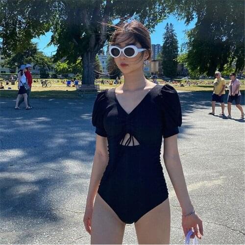 Ins style sexy retro bubble sleeve one-piece swimsuit women Japan and South Korea small fresh high waist slim swimsuit