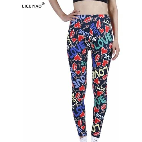 LJCUIYAO Yoga Sports Leggings Pants Sportswear Stretchy Fitness Gym Running Women Colorful Love Letters Elastic Waist Clothing