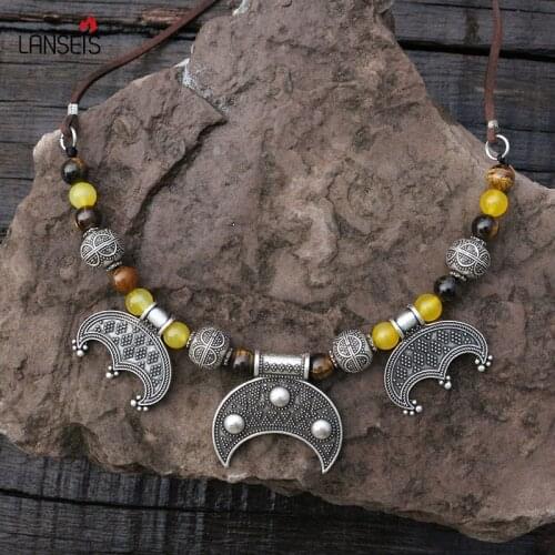 Tigers Eye & Rigid Lunula Pendant, Slavic Inspiration Rough Viking Age Dress Kette Necklace Brooch Jewelry For Beautiful Women