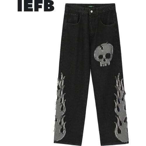 IEFB High Street Fashion Skull Embroidery Splicing Straight Tube Wide Leg Pants Mens Hip Hop Loose Black Jeans Hip Hop Trousers