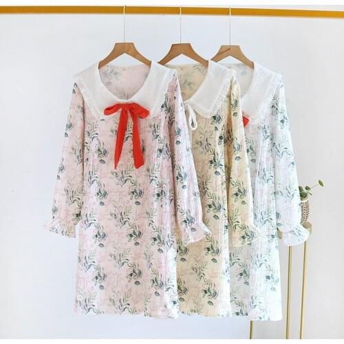 Japanese Thin Woven Cotton Home Dress Long-sleeved Washed Crepe Turban Nightdress Double Cotton Yarn Large Lapel Women Nightgown