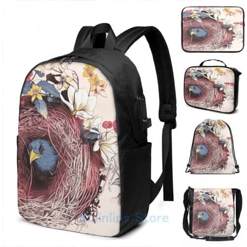 Funny Graphic print Nesting Another Bird Has Found Its Nest USB Charge Backpack men School bags Women bag Travel laptop bag