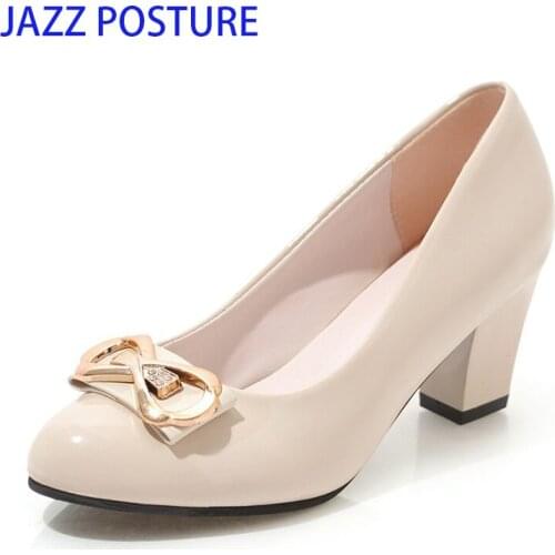 Leather Shoes Woman Pumps Metallic Heels Low Chunky 6.5cm Sweet Cute Bow Edging Wine red black beige Brand Party z475