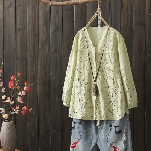 Lace Hollow Out Women Shirts Summer Vintage Embriodery Solid Linen V-Neck Loose Casual Female Outwear Tops