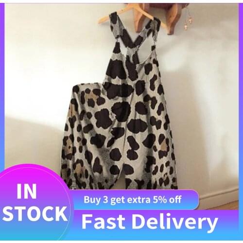 Women Casual Leopard Print Romper Long Playsuit Strap Button Loose Overalls Jumpsuit Plus Size Vintage Overalls For Women