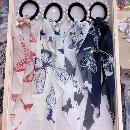 Women Scrunchie Pearl Ribbon Elastic Hair Bands Bow Scarf Printing Head Band for Girls Ladies Hair Ropes Ties Hair Accessories