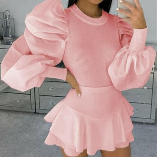 Women Office Lady Casual Puff Sleeve Knitted Pullover Top Ribbed Slim Fit Sweater Blouse Jumper Shirt for Spring Fall