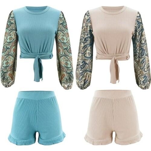 Women Autumn Ribbed 2 Pcs Outfits Paisley Print Lantern Long Sleeve Tie Front Crop Top Ruffles Shorts Pajamas Loungewear
