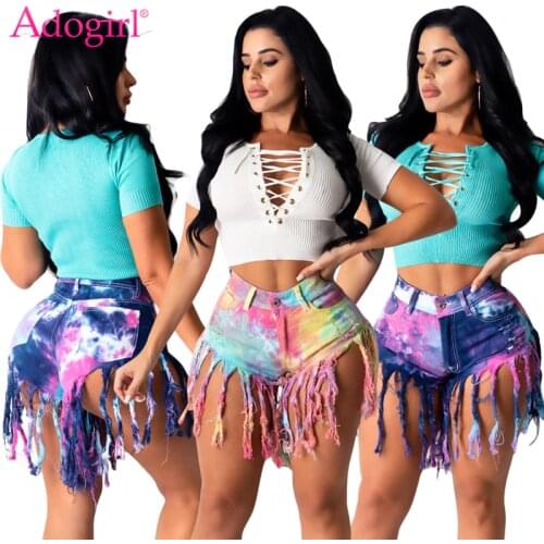 Adogirl Ripped Tassel Tie Dye Print Jeans Women Casual Denim Shorts