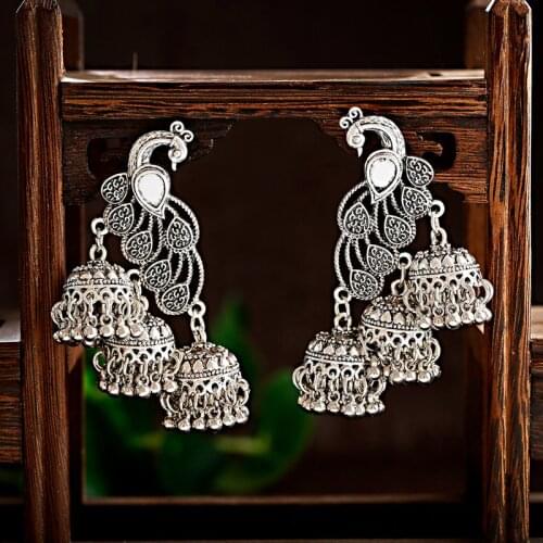 Womens Vintage Silver Color Peacock Jhumka Earrings Indian Jewelry Turkish Carved Bells Statement Earrings Tribal Gypsy Jewelry