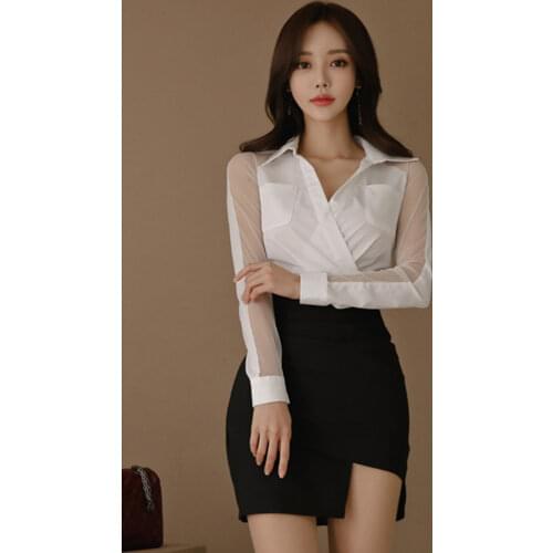 2019 spring New arrival women temperament perspective white shirt and solid asymmetrical skirt comfortable 2 pieces women sets