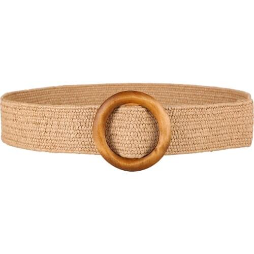 Vintage Boho Braided Waist Belt Summer Solid Female Belt Round Wooden Smooth Buckle Fake Straw Wide Belts for Women Women Gift