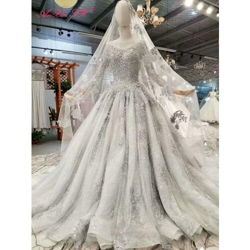 AnXin SH Luxury princess grey lace o neck beading crystal illusion long sleeves ball gown sparkly wedding dress 100% real photo