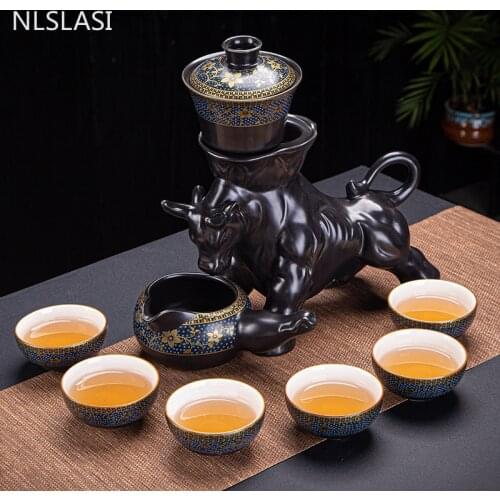 9pcs/set Retro Ceramics Lazy Man Tea Set Portable semi-automatic tea infuser Enamel teacup Household Exquisite Teaware Drinkware