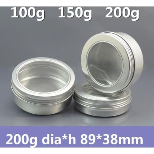 Free shipping 50pcs/lot PET of perspectivity 100g skylight aluminum case 100ml thread metal cans round box container view top